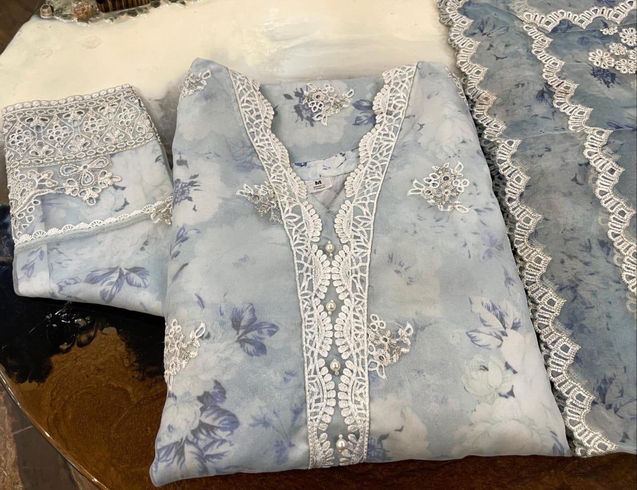 Baroque Sky Blue Organza Collection Replica Stitched Suit