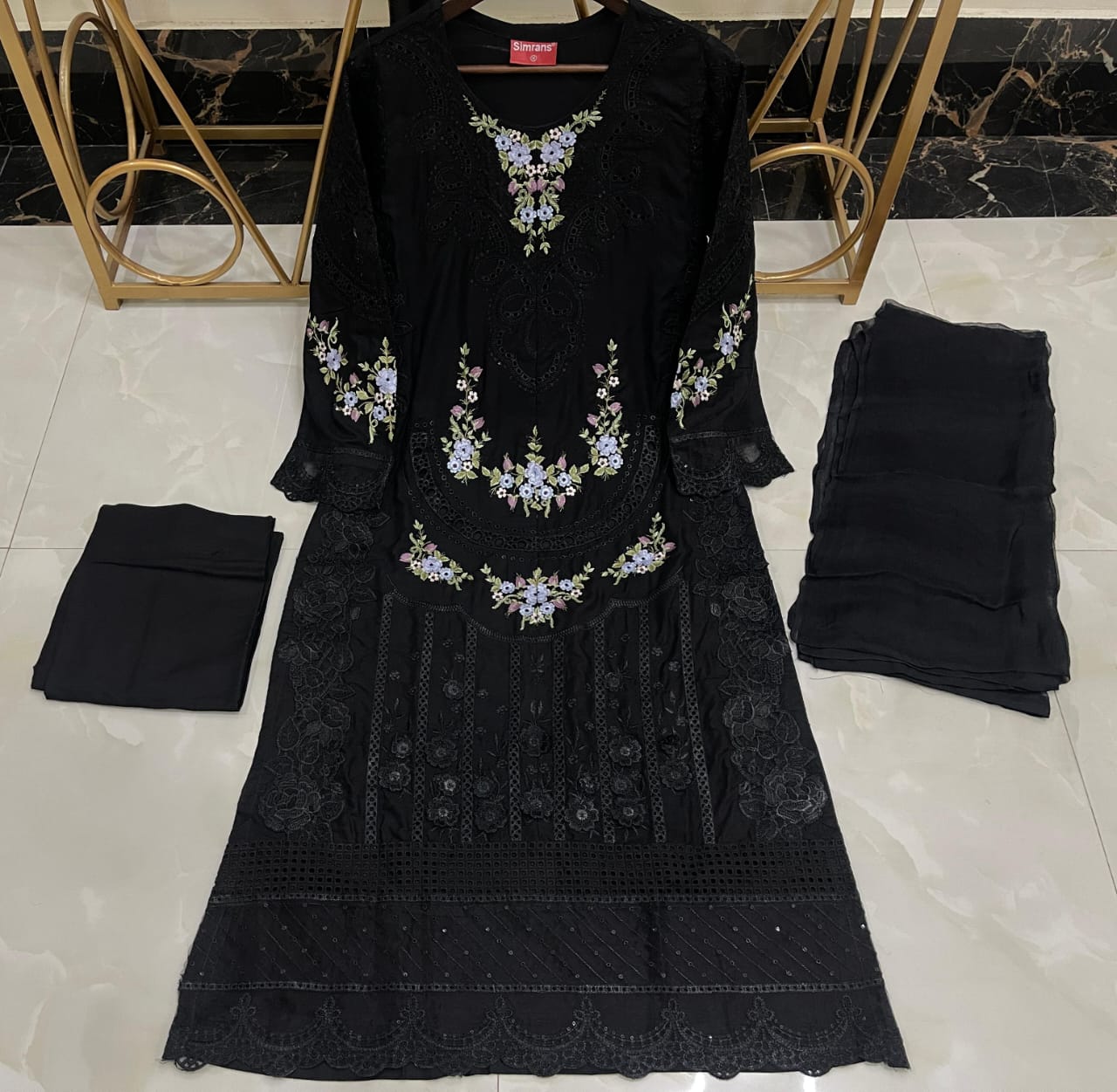 New Pure Linen Stitched Fancy Black Beautiful Trendy Long Chickankari Outfit