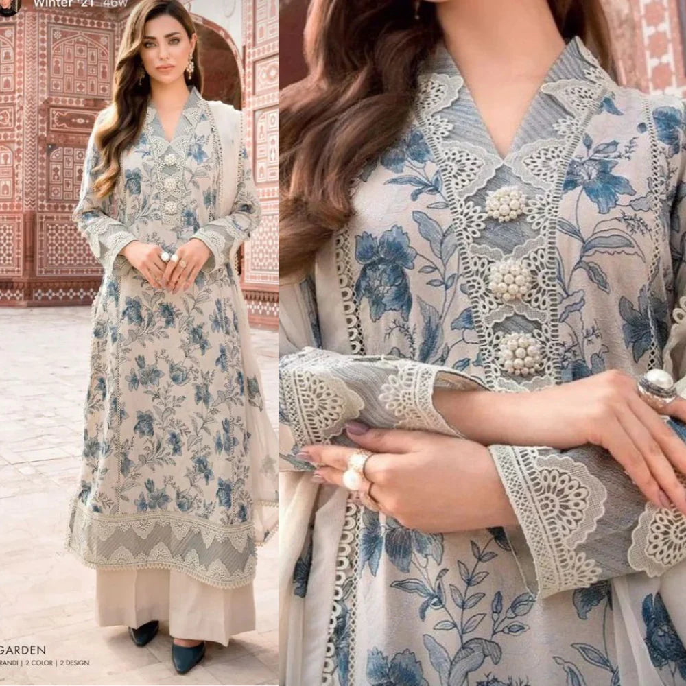 zab723 Bareeze -Embroidered 3pc Lawn dress with embroidered chiffon dupatta